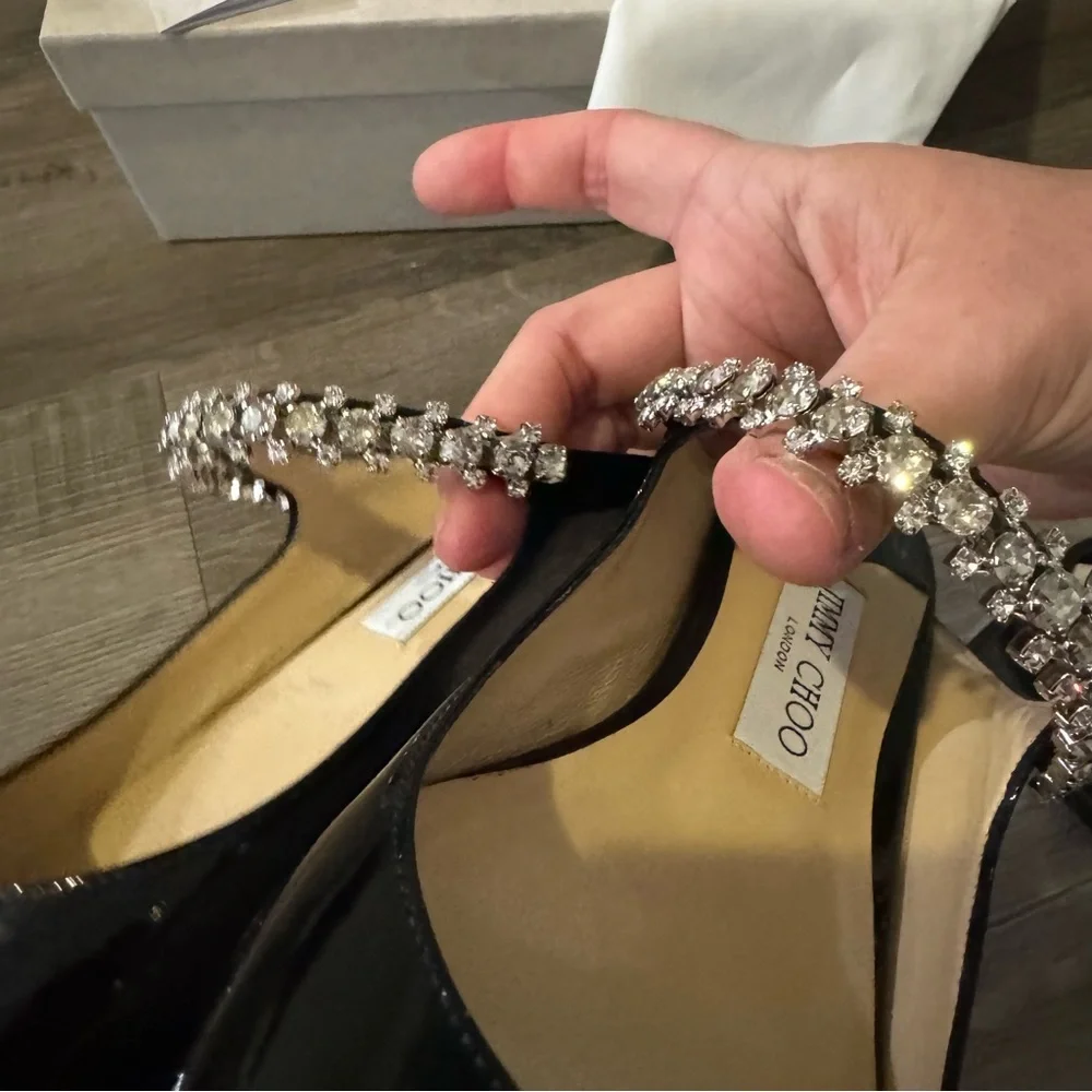 Jimmy Choo Bing Black Patent Leather Crystal Embellished Strap Flats